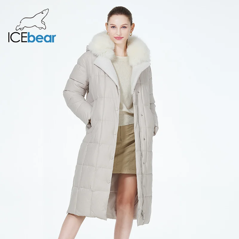 ICEbear-abrigo largo con capucha de piel para mujer, chaqueta de lujo, parkas acolchadas cálidas con cinturón, GWD3906I, 2023