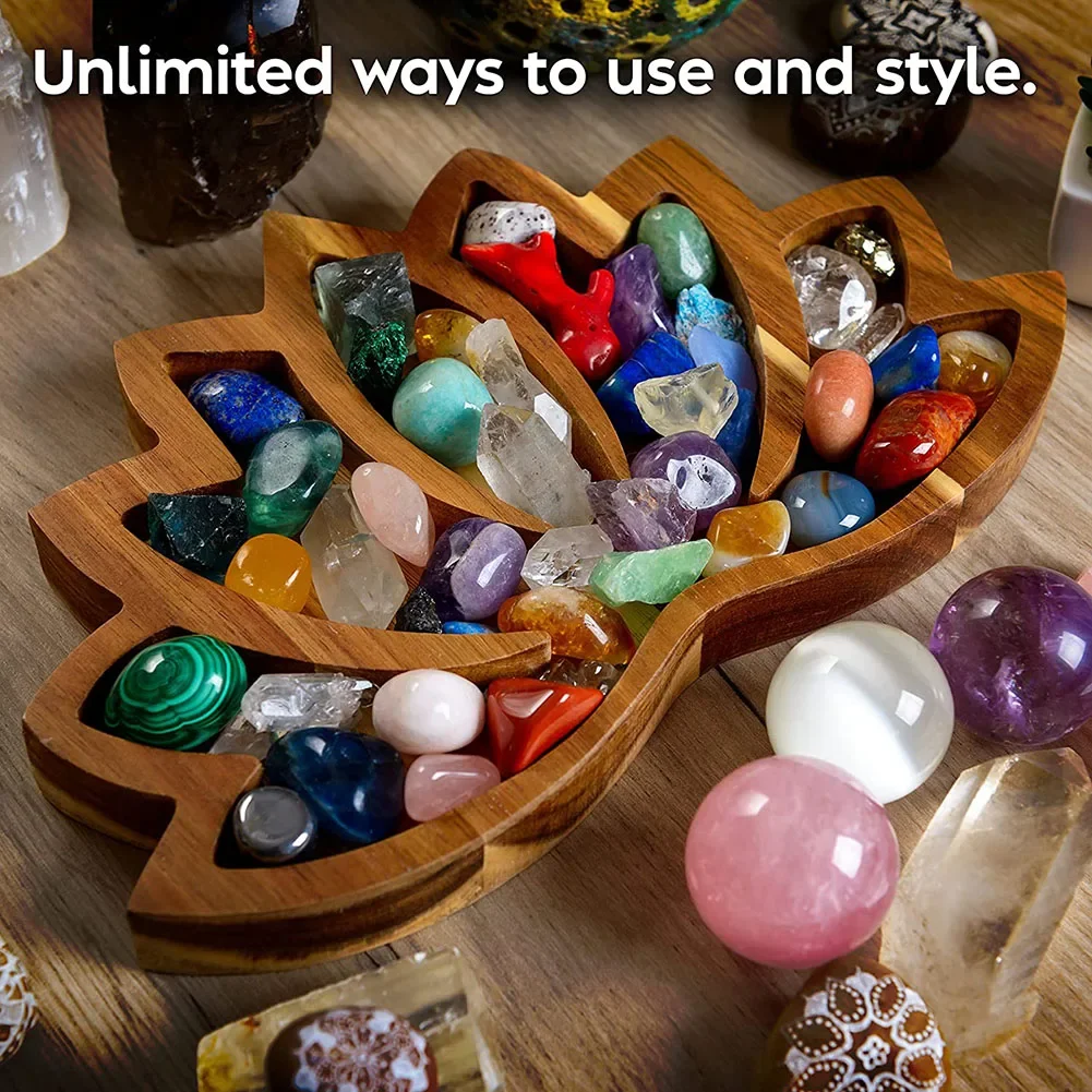 Wooden Crafts Crystal Display Holder Tray Lotus Shaped Jewelry Plate Healing Stones Gemstones Organizer Stand Home Decoration