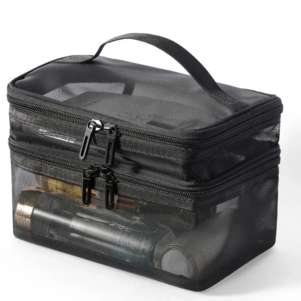 Travel 2 Layers Cosmetic Organizer Bag Transparent Folding Mesh Zipper Storage Pouch Large Capacity Makeup Wash Kit Bag 2025