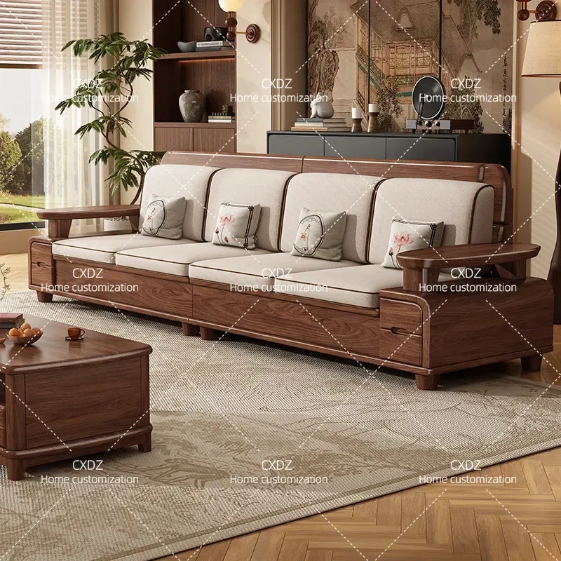 New Chinese Style Black Walnut Solid Wood Sofa Modern Simple Straight Row High Box Storage Couch for Small Apartment Living