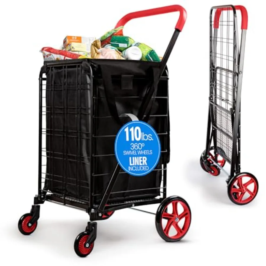 

Large Folding Utility Shopping Cart with Removable Liner Heavy Duty, 360° Swivel Wheels, 110 lb Capacity, Portable for Grocerie