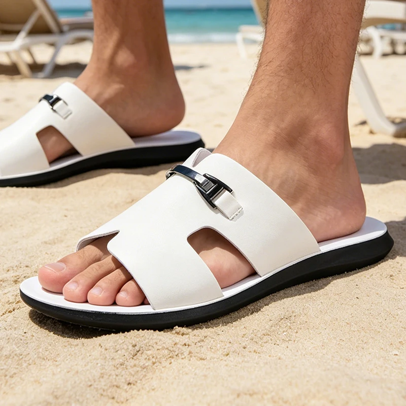 Simplified Luxury Men's White Slip-On Sandals with Metal Buckle Anti-Slip Soft Bottom Wear-Resistant Outdoor Slippers-7888