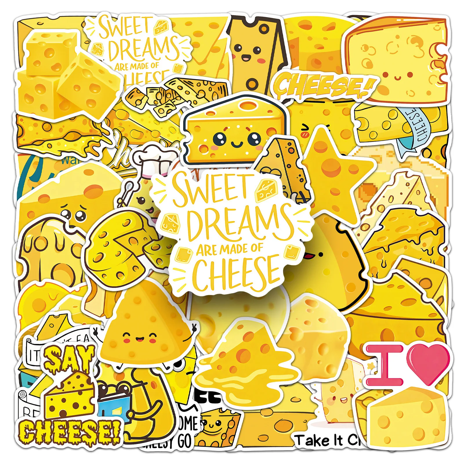 

50 PCS Cartoon Cheese Food Doodle Decals Vinyl No Repeat Stickers Decorate Cup Fridge Cabinet Phone Storage Box Decals