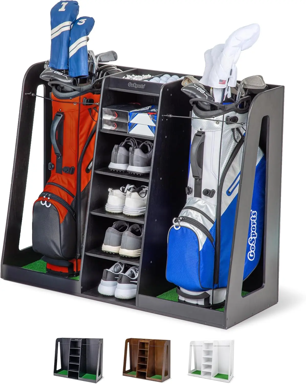 Premium Wooden Golf Bag Organizer and Storage Rack - Holds 2 Golf Bags - Black, White or Brown Finish