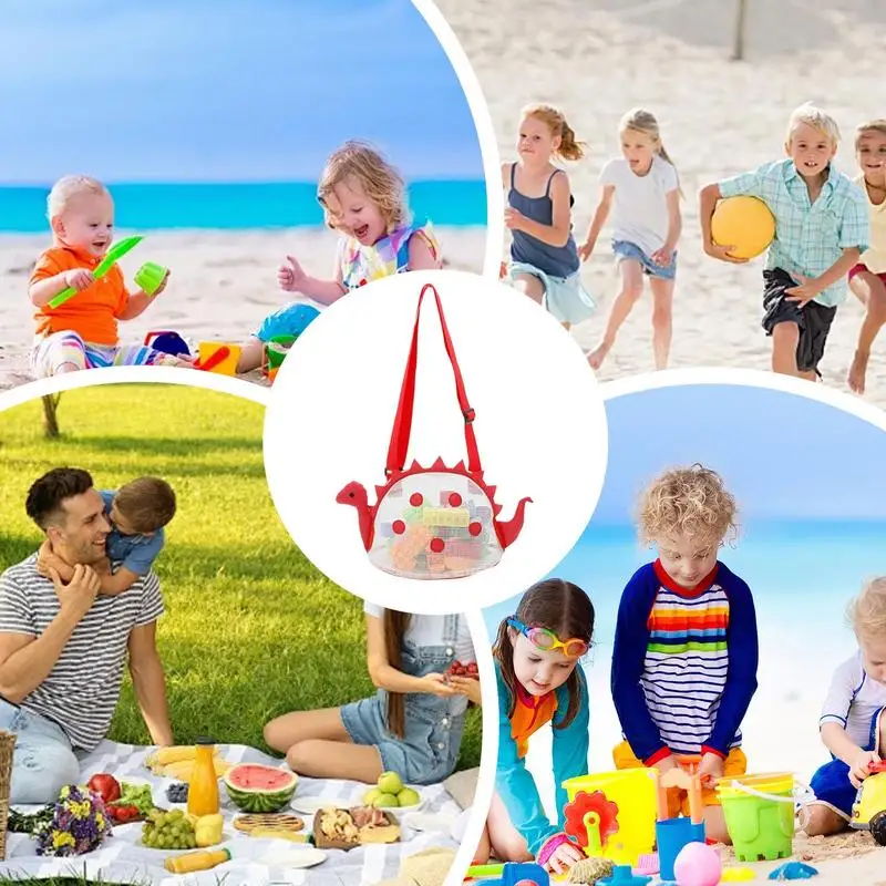 حقيبة جمع الصدف حقيبة شاطئ شبكية على شكل ديناصور لطيف مع حزام كتف قابل للتعديل أدوات قصف الأمتعة ومعدات السفر