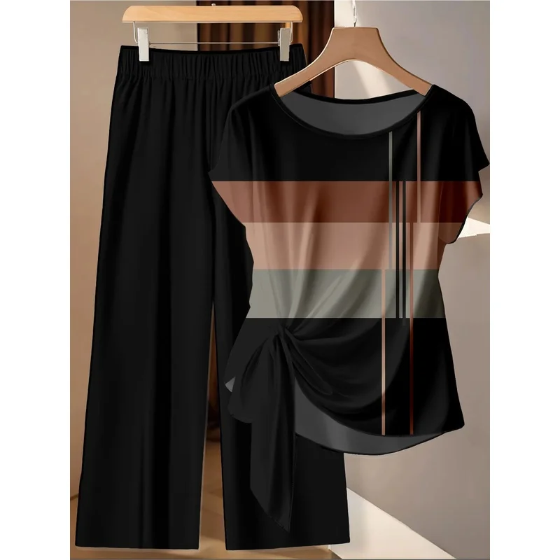 Summer Casual plus Size Women's Commuting Color Set Coffee Striped Twisted Top Hanging Black Pants Two-Piece Set