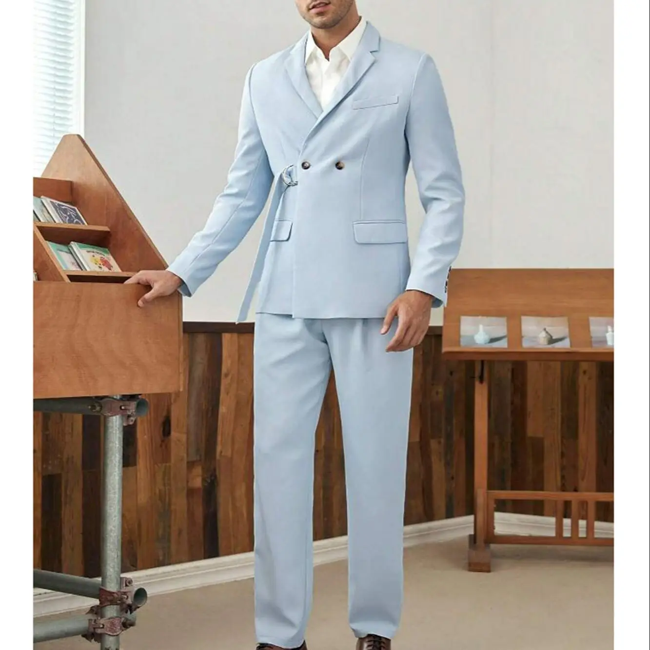 Men\'s Slim Fit 2 Pieces Men\'s Suits With Belt Tuxedo Single Breasted Split Back Groomsmen For Wedding (Blazer+Pants)