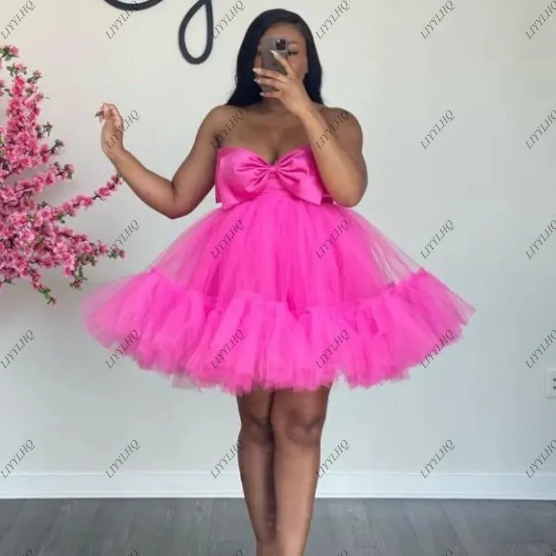 LIYYLHQ Hot Pink Short Cocktail Party Gown Tulle Women Dresses Puffy A-line Tulle Strapless Big Bow Mini Girls Graduation Dress