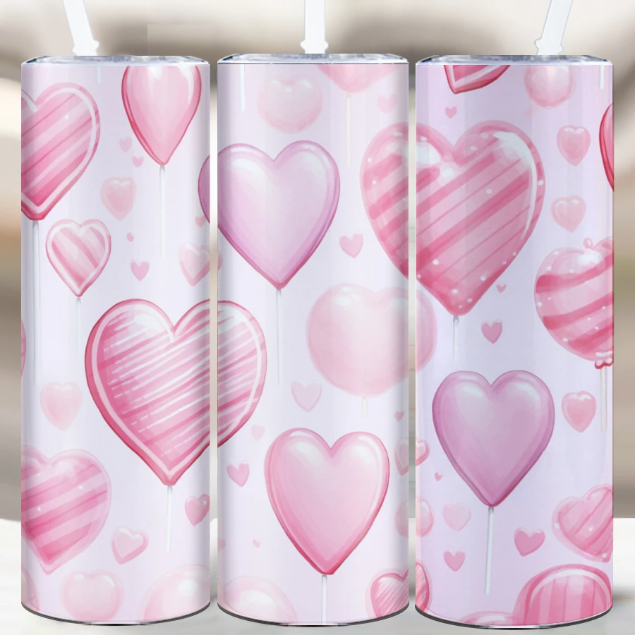 1Pc Party Valentine's Day Tumbler Straw Lid 20oz Hot Cold Insulated Water Bottle Print 3D Heart Lock & key Festive Gift For Wife