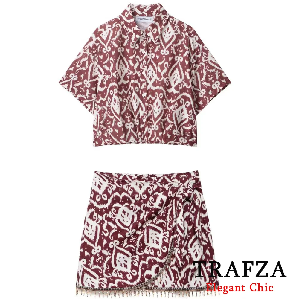 

TRAFZA Casual Women Print Set Button Short Sleeve Tops Tassel Mini Skirt 2025 New Fashion Summer Holiday Date Mujer Skirt Set