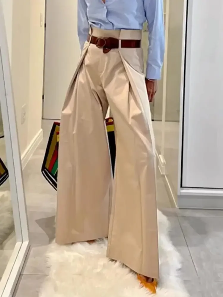 Yeezzi Office Ladies Elastic High Waist Wide Leg Pants 2025 New Fashion Solid Color Pleated Loose Urban Casual Commute Trousers