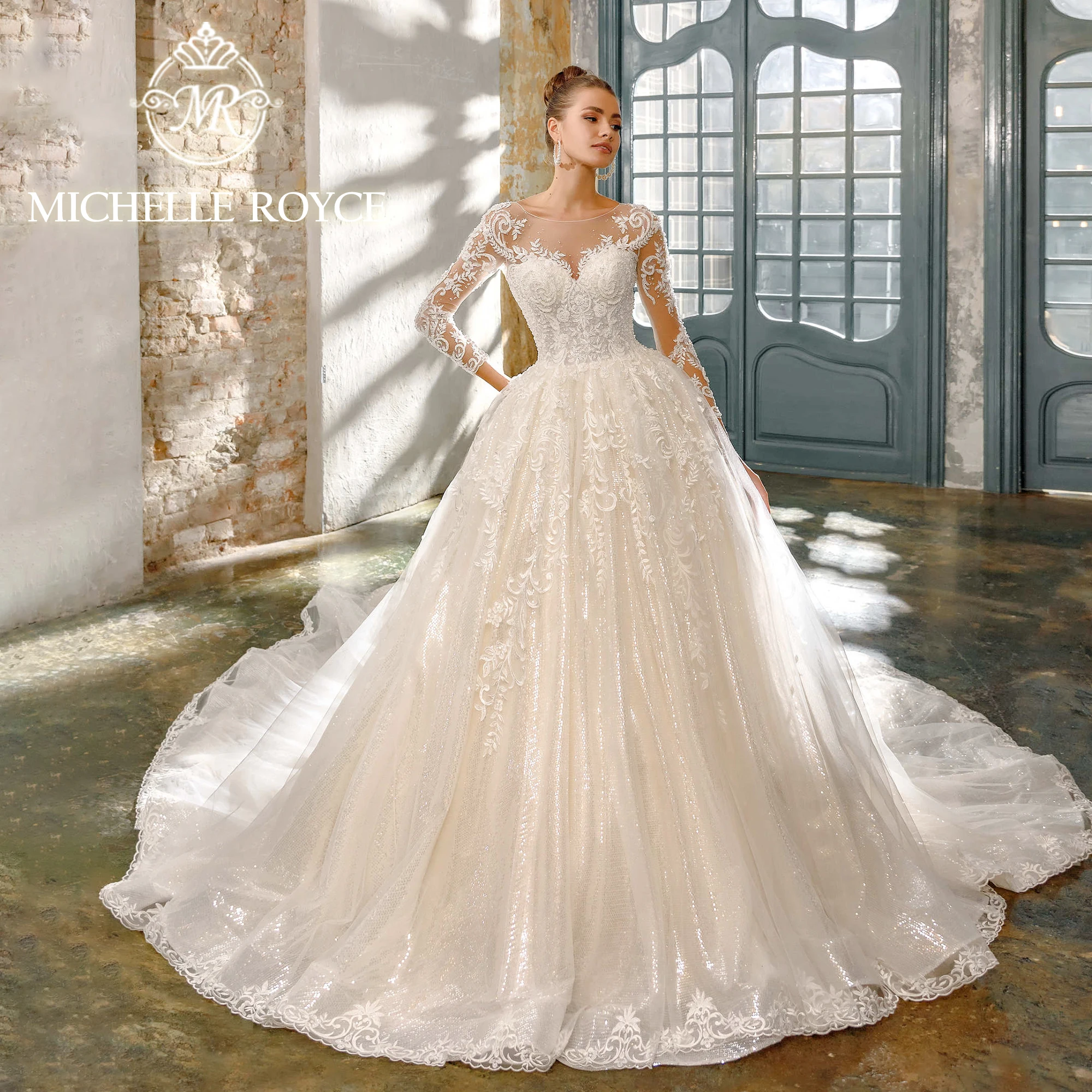 

Michelle Royce Luxury Ball Gown Wedding Dress For Women Bride Long Sleeve Appliques Princess Wedding Gown Vestidos De Novia