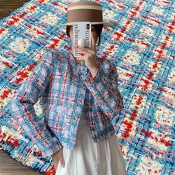 Fashionable Classic Blue Checkered Woven Autumn Thin Woolen Tweed Fabric Handmade DIY Sewing Accessories Material By The Meter