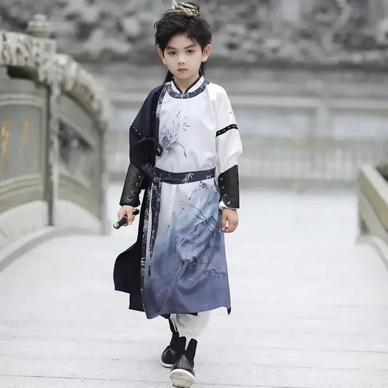 Disfraz de espadachín con pintura de tinta tradicional china para niños, vestidos Hanfu de actuación de Cosplay de niño Vintage, primavera y otoño