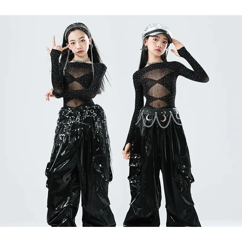 

Kpop Jazz Dance Clothes Girls Rhinestone Mesh Tops Black Leather Pants Catwalk Concert Stage Wear Performance Costume New