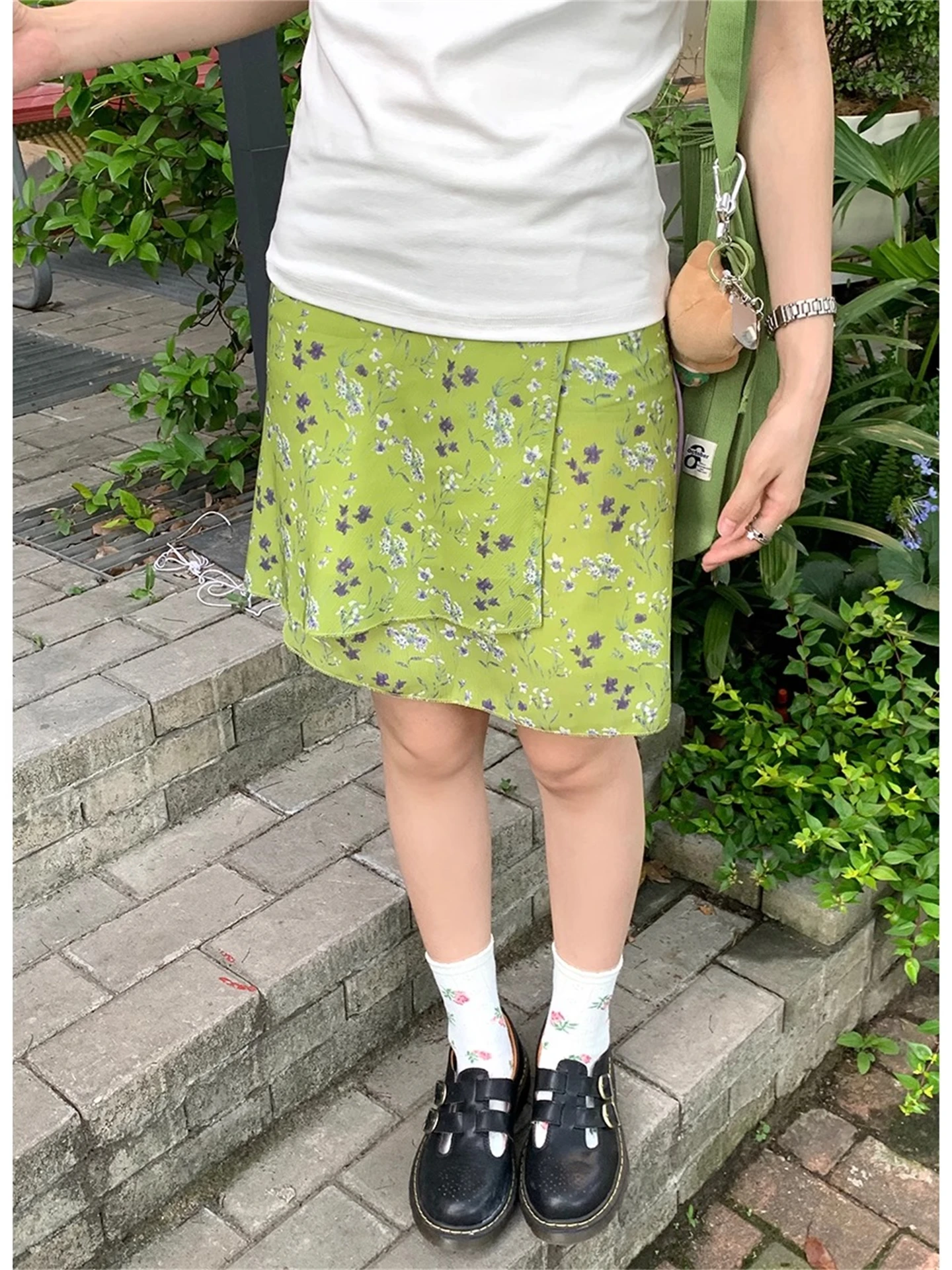 Green Floral Print Sash Half-length Skirt A-line Short Midi Skirt Korean Style High Waist Standard Fit for Young Women