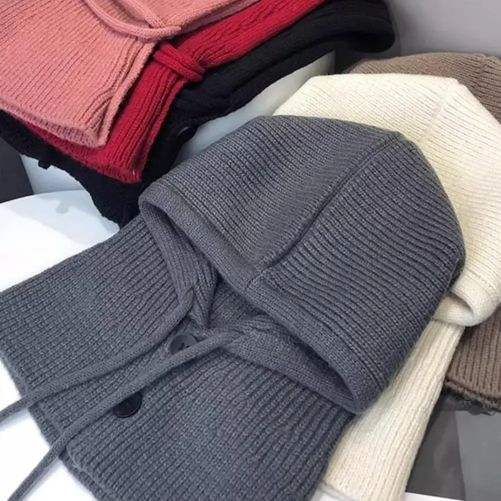 Warm Knitted Scarf Hat Knit Hood with Straps Knitted Hooded Scarf Hat with Adjustable Drawstring Button Closure Pullover for Men