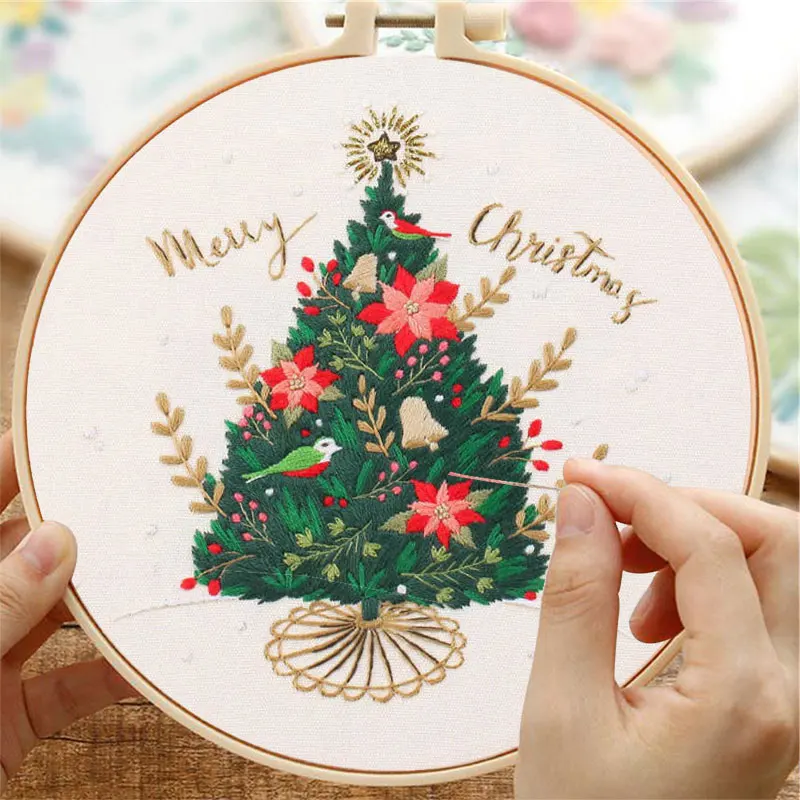 Embroidery Kit for Christmas DIY Wreath Printed Pattern Flower Cross Stitch Set Needlework Hoop Handmade Sewing Art Craft Kit