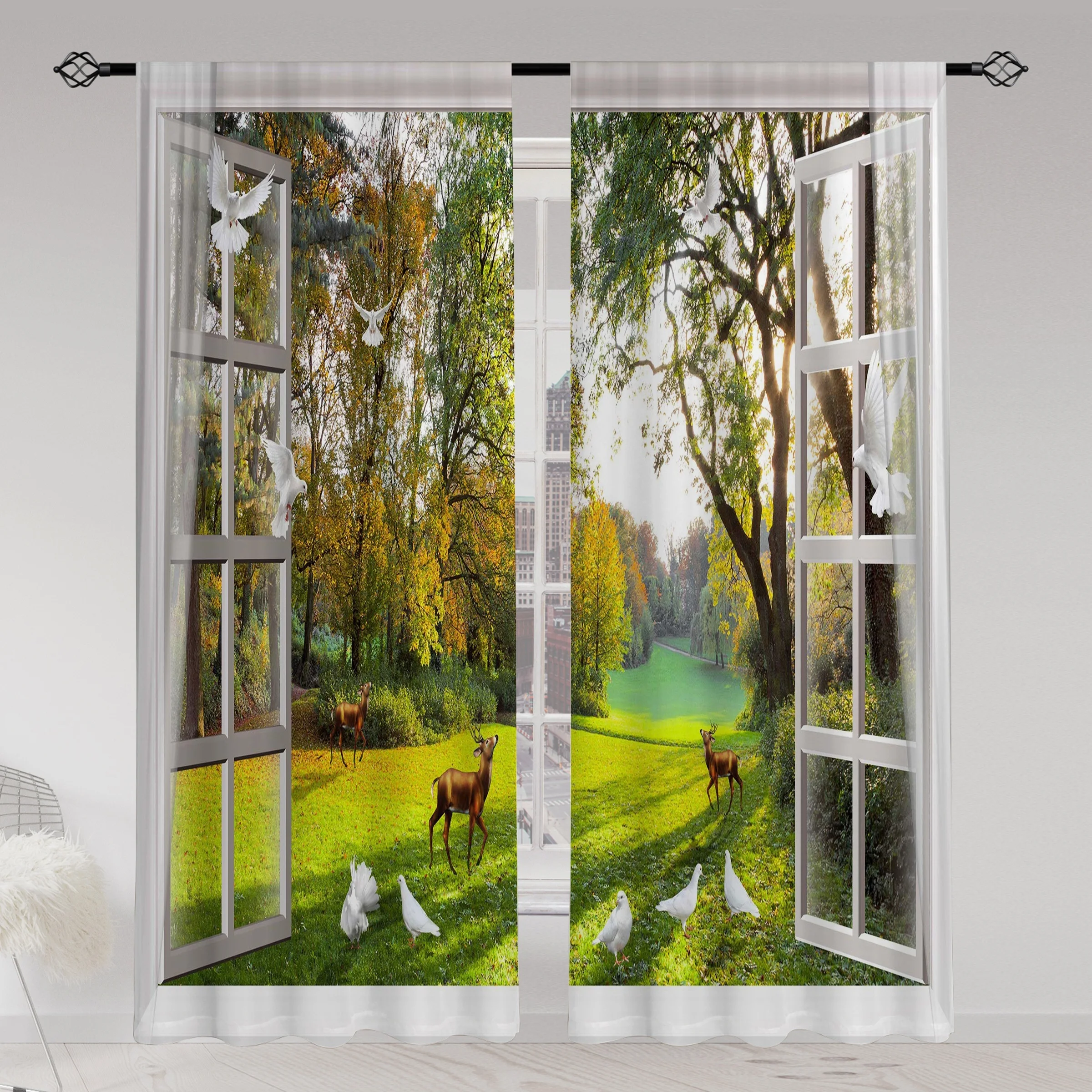 2pcs Nordic Scenery Printed Translucent Curtains Multi-scene Polyester Barbed Decorative Curtains For Living Room Gaming Room