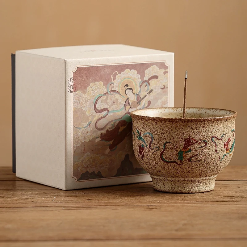Dunhuang Style Painted Ceramic Incense Holder Goblet‑Shape Stick Incense Burner Chinese Retro Tea Room Table Decor Ornament