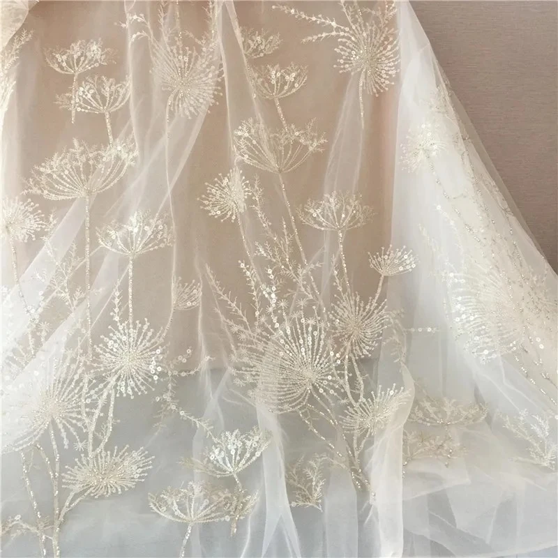 Elegant Champagne 3D Dandelion Beaded Gold Thread Mesh Embroidery Lace Fabric for DIY Wedding Party Dress