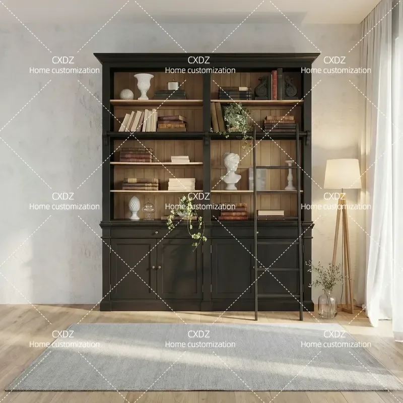 American Style Solid Wood Bookcase with Ladder Retro Three Door Storage Cabinet Study Room Furniture