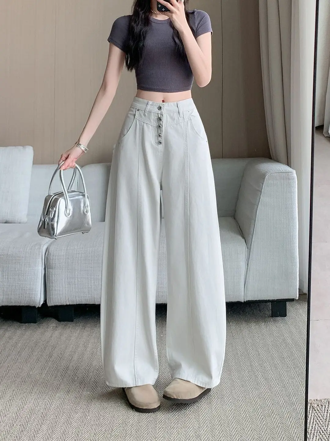 

High Waist Loose Fit Casual Grey White Denim Jeans Women's Summer 2026 New Style Retro American Vintage Straight Leg Pants