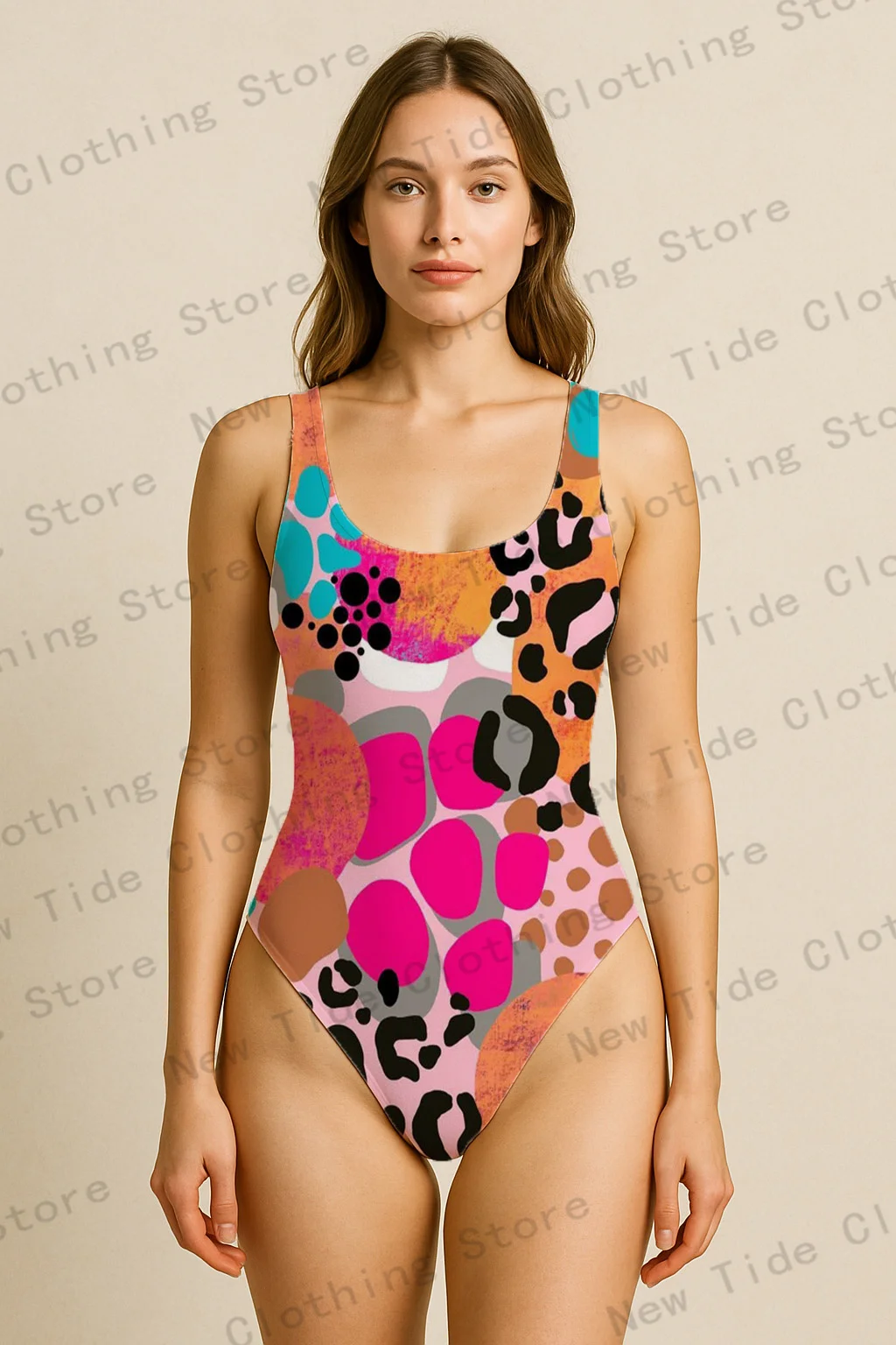 Costume da bagno intero da donna con stampa leopardata colorata, senza maniche, vestibilità slim, per outfit da piscina per vacanze estive in spiaggia