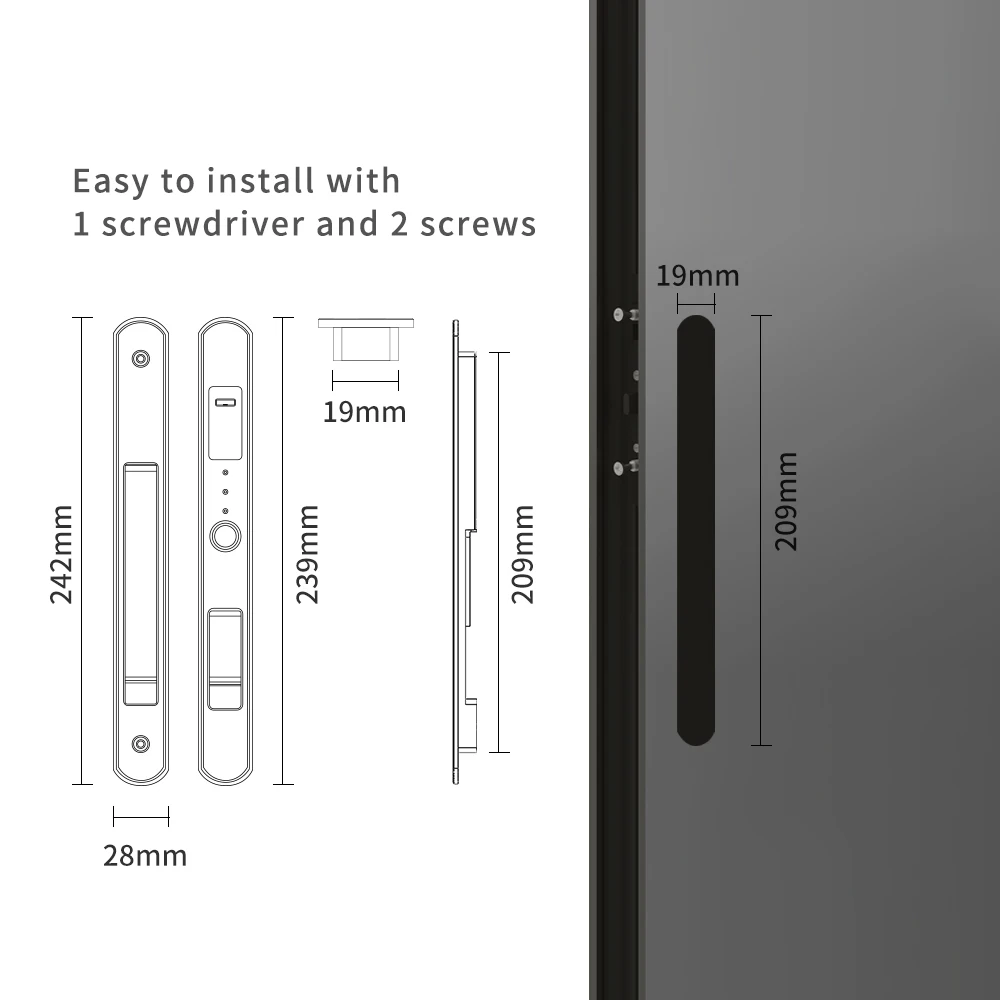 2023 New Design Smart Lock Door Slim Window Aluminum Sliding Glass Door Fingerprint Slim Security Lock for Tuya App