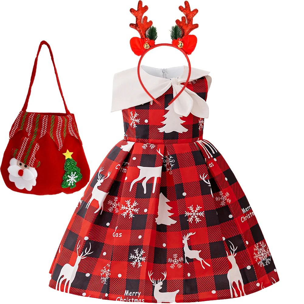 

Girls Christmas Tree Print Fluffy Dress Kids Deer Christening Tutu Dresses Girl Vintage Red Santa Claus Gift Young New Costumes