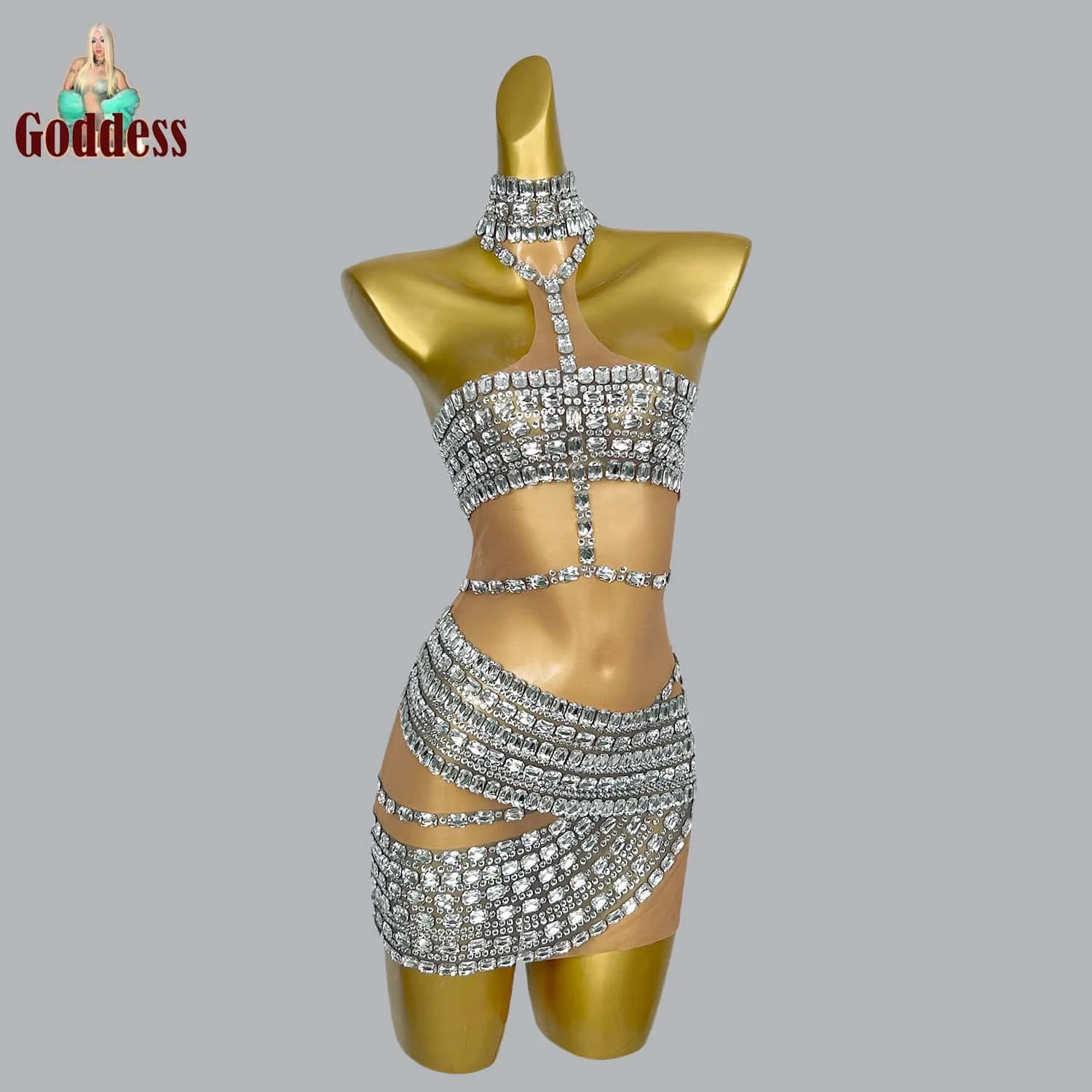 Sparkling Rhinestone Mini Short Dress Sheer Mesh Hanging Neck Sleeveless Birthday Party Carnival Hot Dance Slimming Short Dress