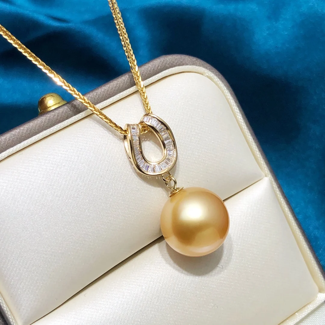 JY Pearl Pendant Fine Jewelry Solid 18K Gold Zircons Sea Water Golden Pearls 12-13mm Pendants Necklaces for Women Gifts