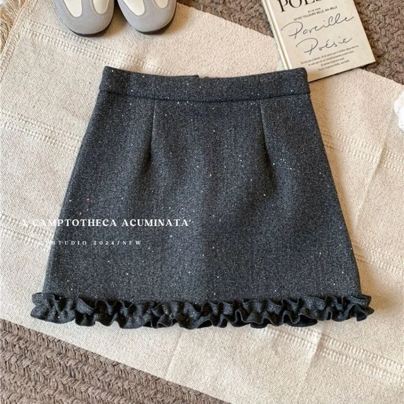 Sequined Sparkling Woolen Skirt Autumn and Winter 2025 New High-waisted A-line Skirt Fungus Lace Hip-covering Short Skirt