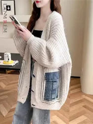 LANMREM Korean Style Knited Sweater Women's V-neck Single Breasted Denim Pockets Contrast Color Cardigan 2024 Autumn New 2Z2430