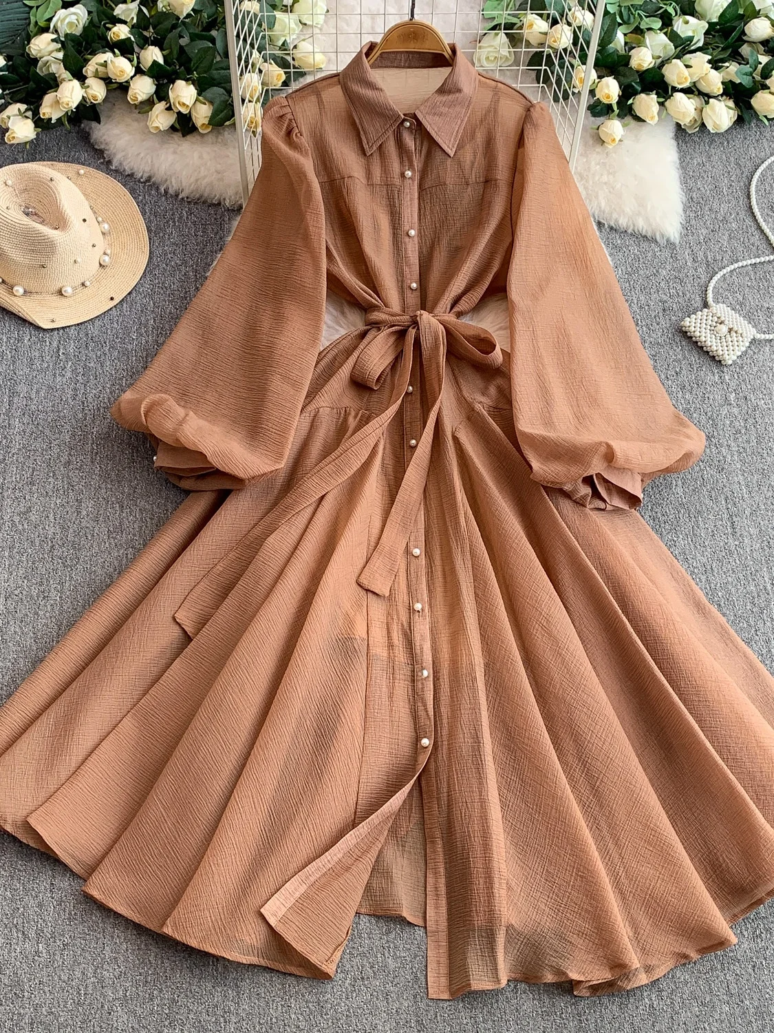 Ele ランタン Sve ロング Dr レディース 春秋 シングルボタン スリミング フルスカート フレンチ Sle ハイウエスト A ライン Dr