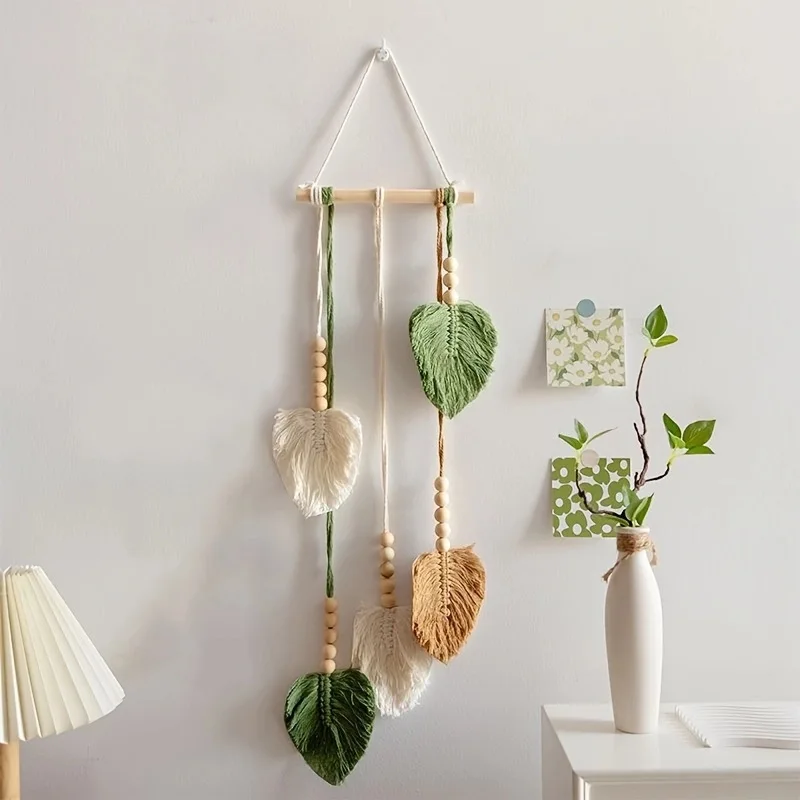 

Leaf-shaped Woven Wall Hanging Set, Adjustable Macrame Leaf Ornaments, Minimalist Home Wall Decor for Indoor Green Aesthetics
