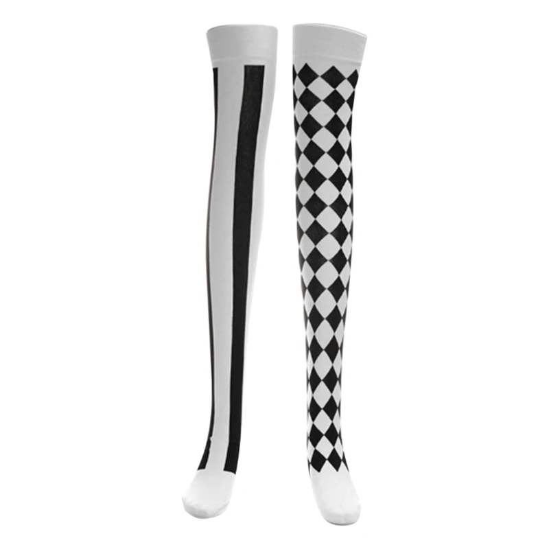 Women Clown Asymmetrical Vertical Striped Over Knee Long Sock Thigh Highs Stockings For Halloween Cosplay Party Costume