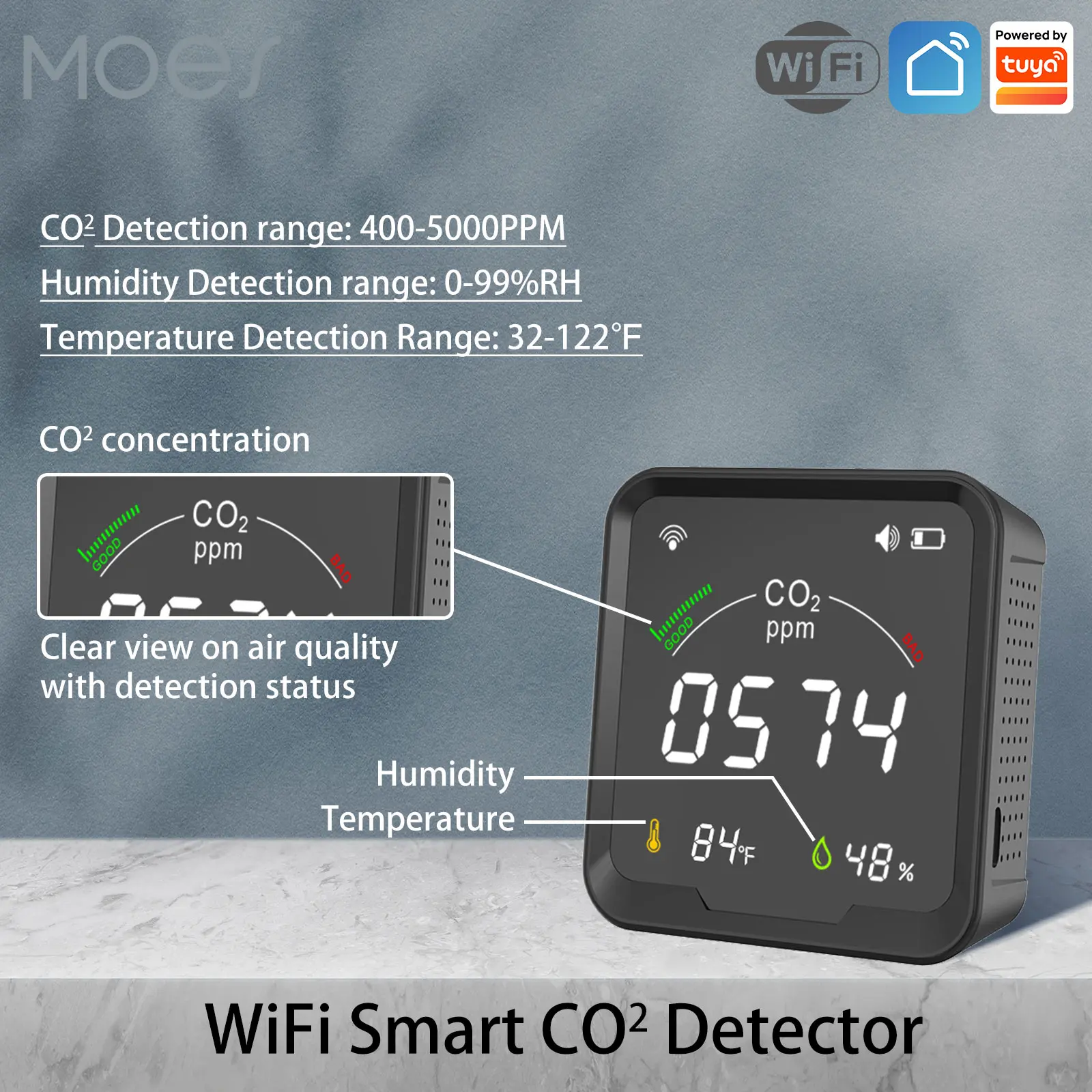 Moes Smart Tuya CO2 Detector Temperature Humidity Tester 3 in 1 Carbon Dioxide Detector Air Quality Monitor WiFi alarm senor