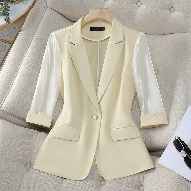 2026 Spring Summer Female Blazer Office Ladies Formal Jacket Coat Women Clothing Mid Sleeve Single Button Suit Jacket Outerwear