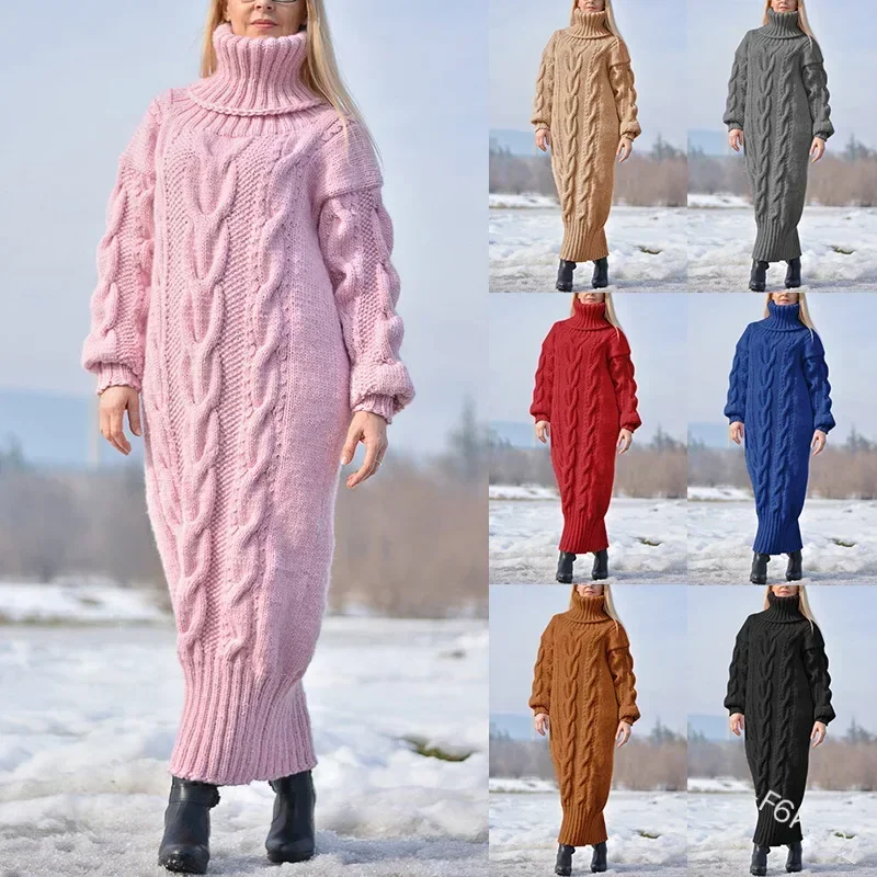 

Winter High Neck Solid Color Turtleneck Pullover Twisted Loose Knitted Sweater Long Dress Sweater for Female New Women's Sweater
