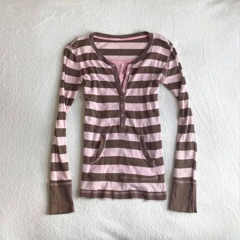 Winter T-shirt Stripe Fake 2Piece Slim Y2k Vintage Punk Sweet Harajuku Korea Woman Clothes Long Sleeves Elegant Tees Fashion Emo