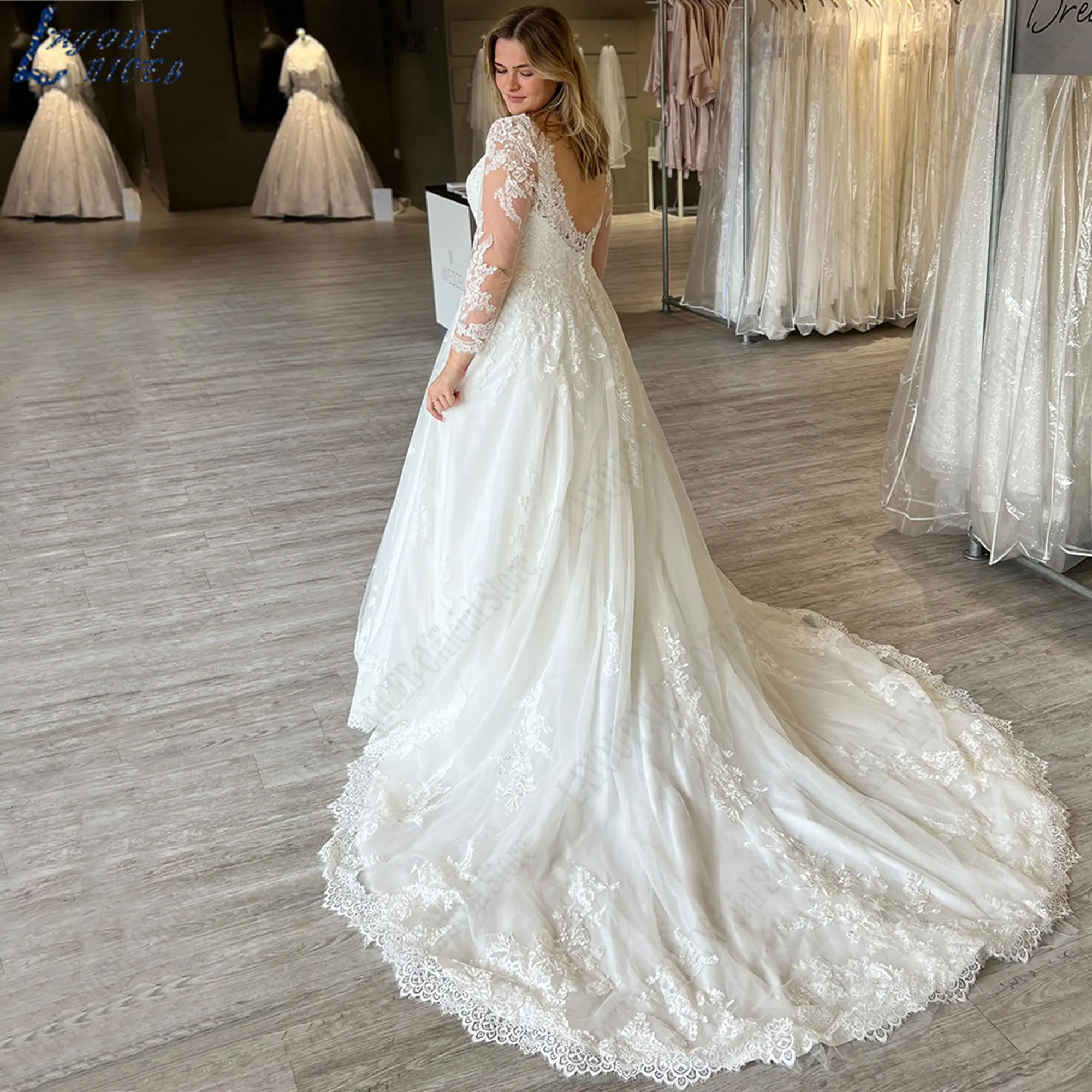 

LAYOUT NICEB O-Neck Appliques Wedding Dress Plus Size A-Line Bride Gowns Long Sleeves Tulle vestidos de novias boda Back Buttons