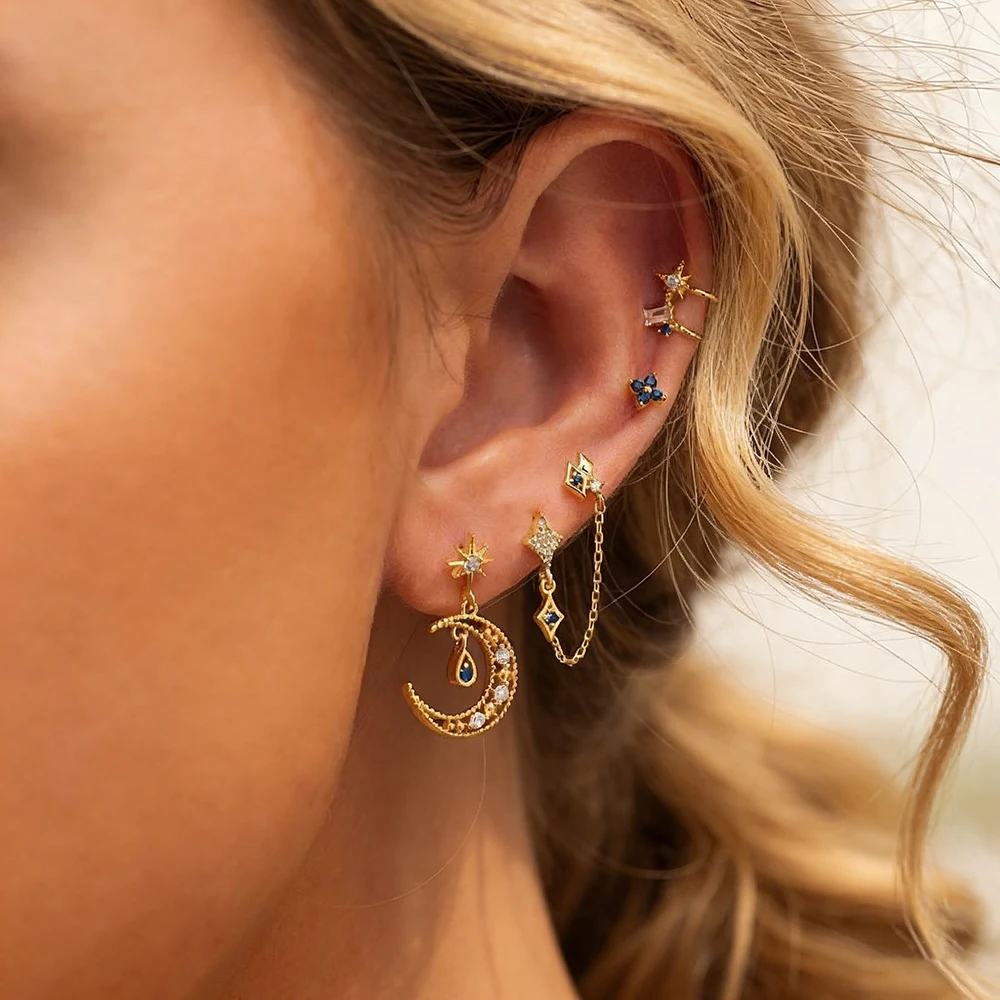 

Gold Plated Blue Sapphire Color CZ Moon Star Earring Set 5Pcs Stackable Stud Chain Dangle Drop Boho Jewelry for Women