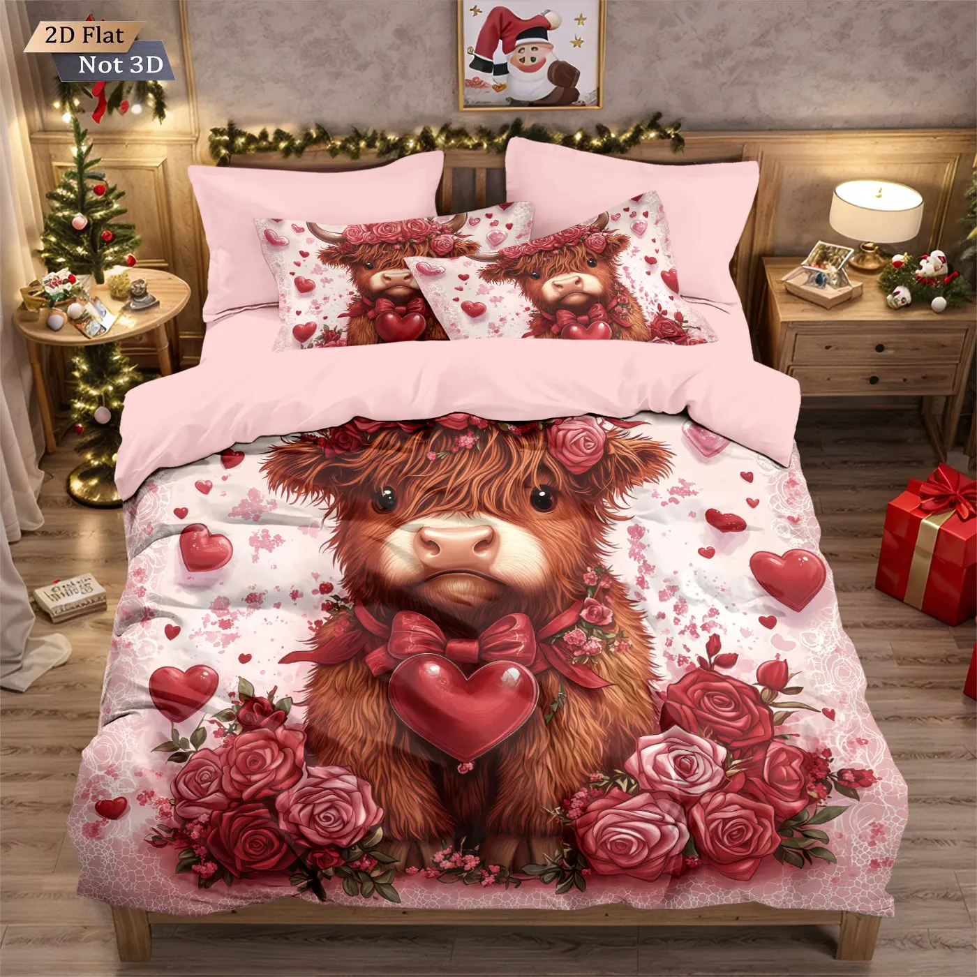 

3pcs Valentine's Day Pink Highland Cow Print coreless Bedding Set Soft Dormitory Bedroom Multiple Sizes Machine Washable