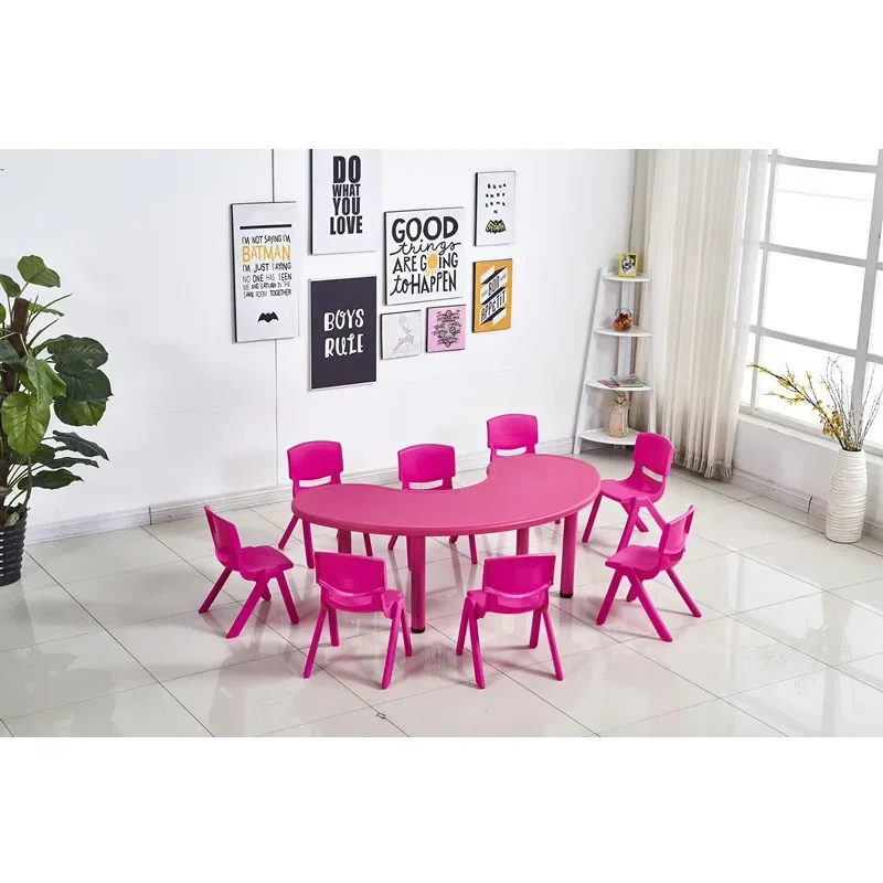 Wholesale Colorful Kindergarten Height Adjustable Half Moon Shape Plastic Table Square Moon Kindergarten Table and Chairs