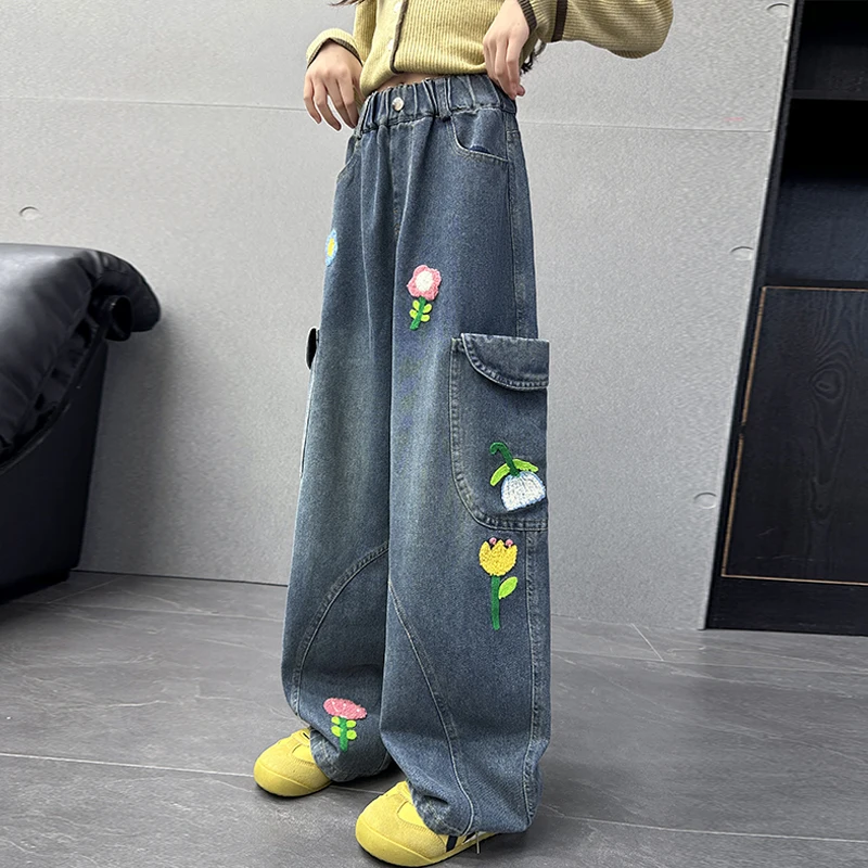 جينز منحني واسع الساق للفتيات على الموضة الراقية مع تطريز الأزهار للأطفال سروال دينم فضفاض غير رسمي على شكل زهرة 5 6 7 8 9 11 14 Y #4