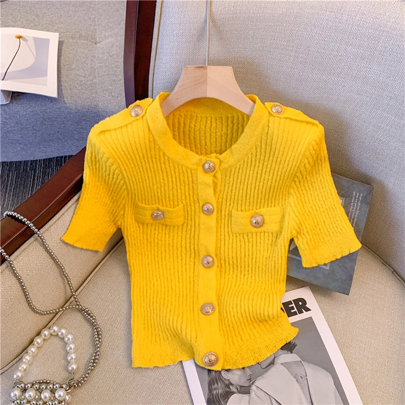 2024 Plus Size Metal Buckle Knitted Top T-Shirt Women's Summer Korean Style Spice Girl Shoulder Pad Slim Tight Waist Tees Trendy