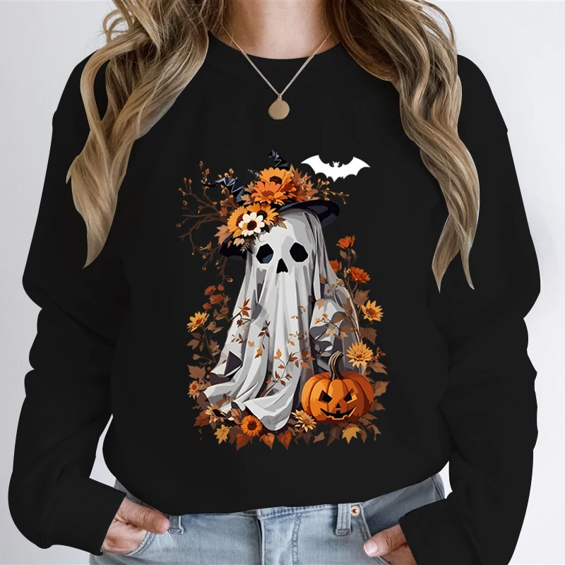 Watercolor Pumpkin Spooky Ghost Print Sweatshirt Hoodie Women Vintage Flower Autumn Leaves Sweatshirts Halloween Ghost Hoodies