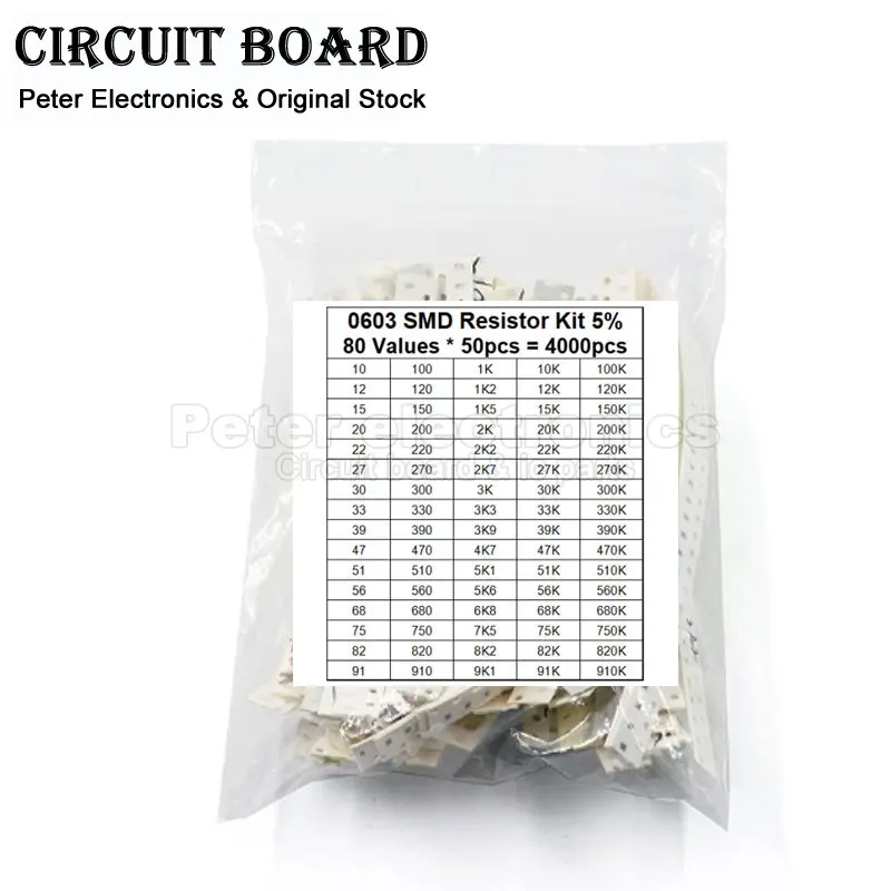 

4000Pcs Set of Resistors 0603 SMD Resistor Kit Assortment Set 5% 80Values X 50pcs Pack 10 R - 910K Ohm 47 470 4.7 K 100 1k 300R