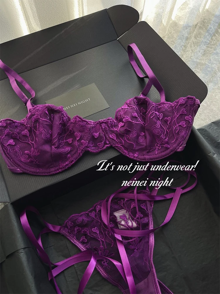 

Women Purple 2-piece Mesh Lace Bra Set Perspective Bra Underwire & G-String Thongs Garter Panty Underwear Set Sexy Lingerie Set